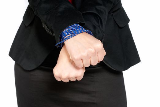 Businesswoman hands tied, job slave concept, isolated on white background