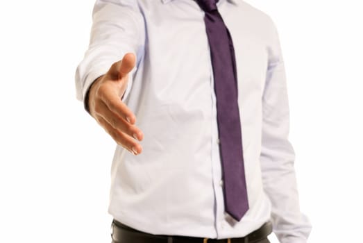 Unrecognizable businessman handshake closeup isolated on white background