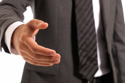 Unrecognizable businessman handshake closeup isolated on white background