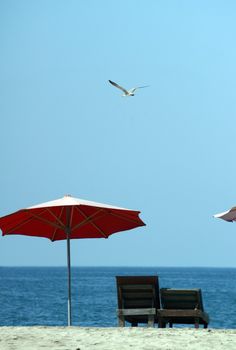 Beach umbrellas and deck chairs, Puerto Escondido, Mexico