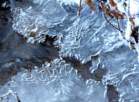 ice crystals over flowing winter stream closeup