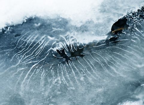 ice crystals over flowing winter stream closeup