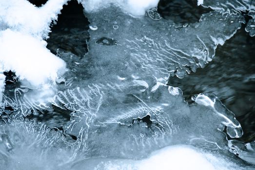 ice crystals over flowing winter stream closeup