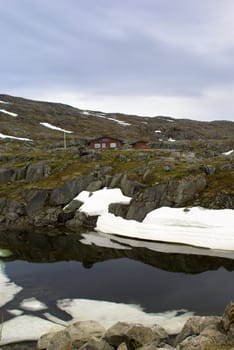 Mountain landscape with the lake and snow