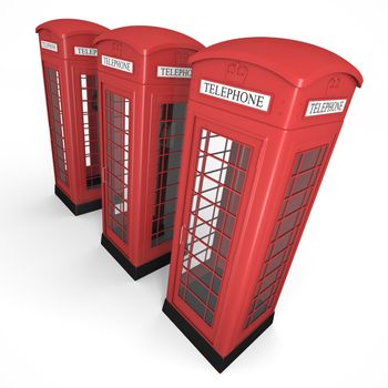 Three British phonebooths. High quality 3D render.

