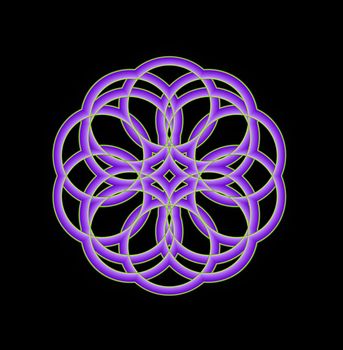 An abstract illustrated mandala shaped fractal that is composed of interlocking circles.