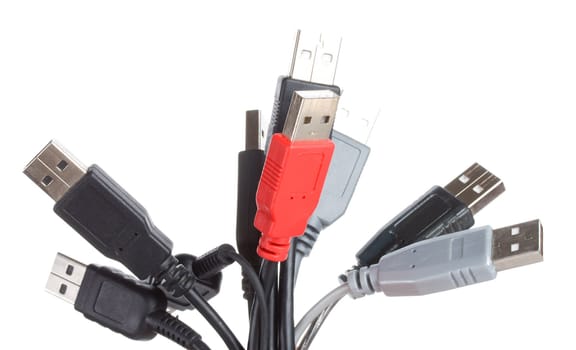 bunch of usb cables, isolated on white