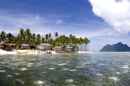 Image of remote Malaysian tropical islands with deep blue skies, crystal clear waters, atap huts and coconut trees.