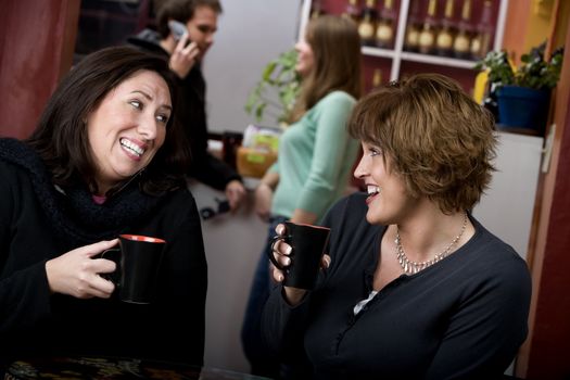 Two pretty adult women in a coffee house