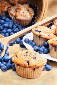 Delicious homemade blueberry muffins with fresh blueberries spilling from a wooden spoon and wicker basket. 