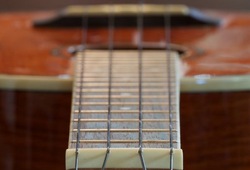 Macro of the top of a ukelele neck looking down the insturment to a soft focus