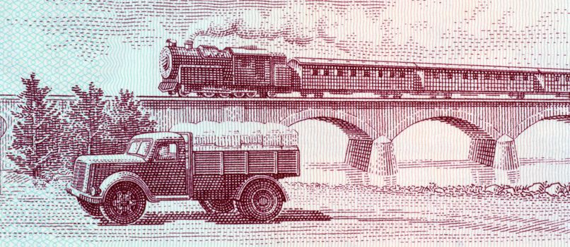 Truck and steam passenger train crossing viaduct on 5 leke 1976 banknote from Albania