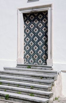 Heavy armored door on church in Vranov near Brno, Czech Republic