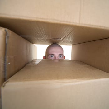 Male face looking trough window in pile cardboards