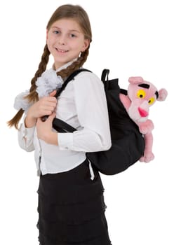 Girl with satchel and plush toy panter