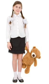 Toy bear and girl on the white background
