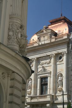 Architectural detail of two classic buildings