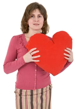 Woman with red big plush heart on white