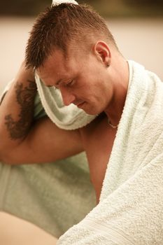 Sensual Handsome Blond Man Drying Up With Towel 