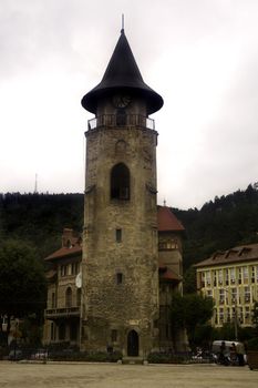 Stone tower in old center of Romanian city