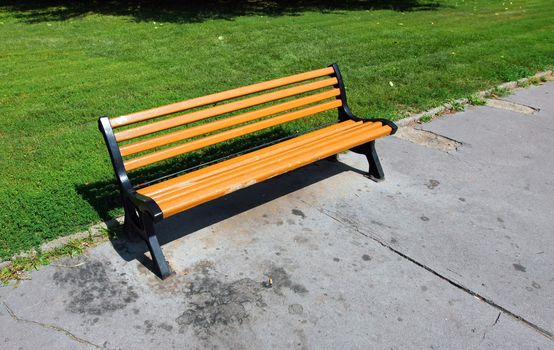 Single wooden bench in park with green grass
