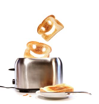 Toasted bread with toaster on white background