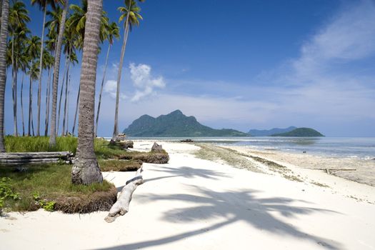 Image of remote Malaysian tropical islands with deep blue skies, crystal clear waters and coconut trees.