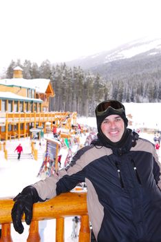 Happy skier at Lake Louise downhill ski resort in Canadian Rocky mountains