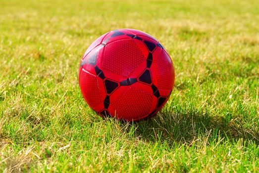 Red soccer ball on green grass field