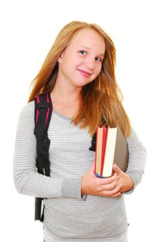 Young smiling school girl with backback and books isolated on white background