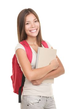 Female university student isolated on white background. Young mixed asian / caucasian woman model.