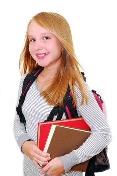 Young smiling school girl with backback and books isolated on white background