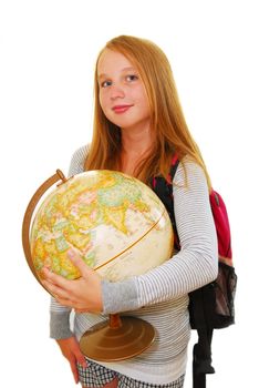 Young smiling school girl with backpack and globe isolated on white background