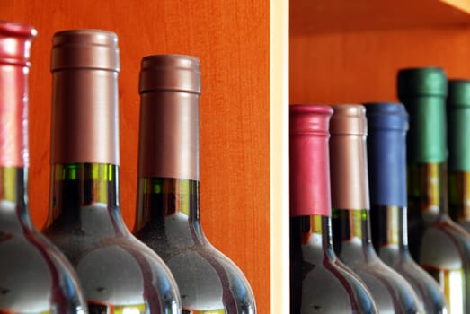 various dark red wine bottles row on shelf