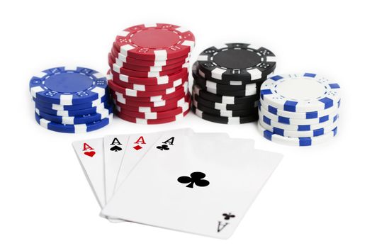 four aces and chips on white background