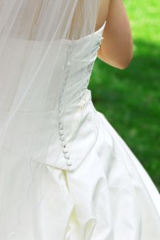 Bride in veil and her wedding gown outside