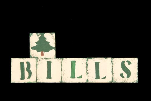 the word 'bills' in block letters with a Christmas tree block on top
