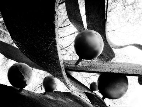 Artisitc sculpture of metallic balls in grey scale