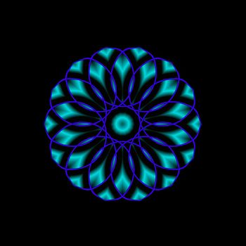 A mandala shaped fractal done in shades of blue.