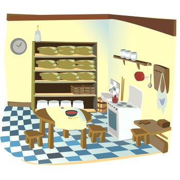 Cartoon illustration of a old rustic kitchen