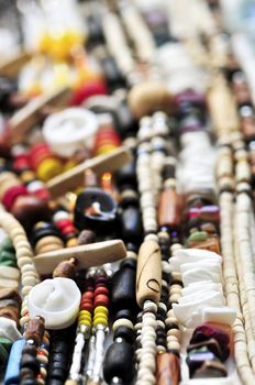 Wood and seashell bead necklaces close up