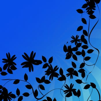 Decorative corner design with flowers and leaves silhouettes over blue