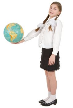 Girl hold on hand blue terrestrial globe