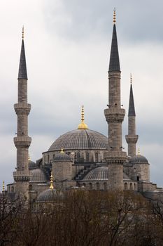 Blue Mosque in Istanbul, Turkey. Overcast weather, end of december.