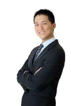 Happy young business man, closeup portrait of Asian with smiling expression on white background.