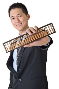 Chinese business man holding traditional abacus, focus on face, closeup portrait on white background.