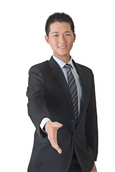 Young business man shake hand, closeup portrait of Asian on white background.