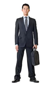 Young business man with briefcase, full length portrait isolated on white background.
