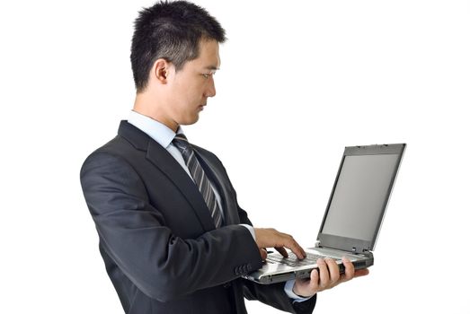 Businessman with laptop, closeup portrait of Asian isolated on white background.