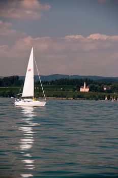 Sailboat on Bodensee, Birnau behind, Gemany